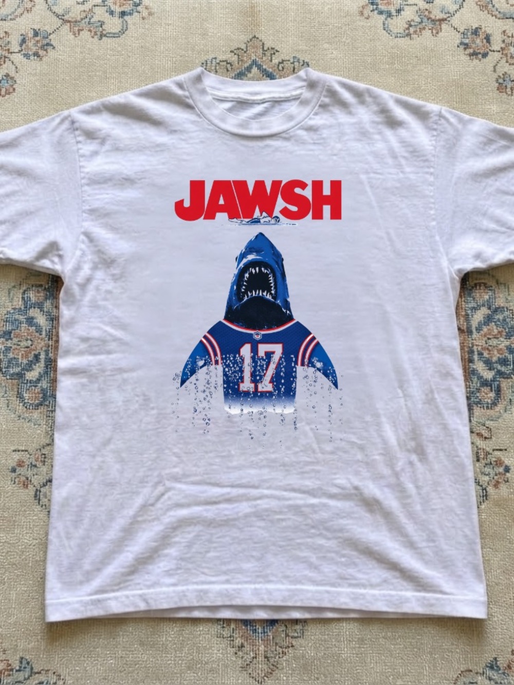 Jawsh Shark Buffalo Bills 17 Football Sports Vintage White T-Shirt